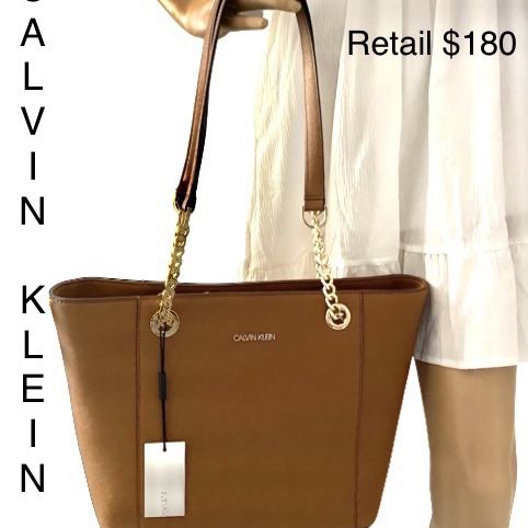 Calvin Klein Hayden Saffiano Leather Tote Large Black With Gold Chain Accent