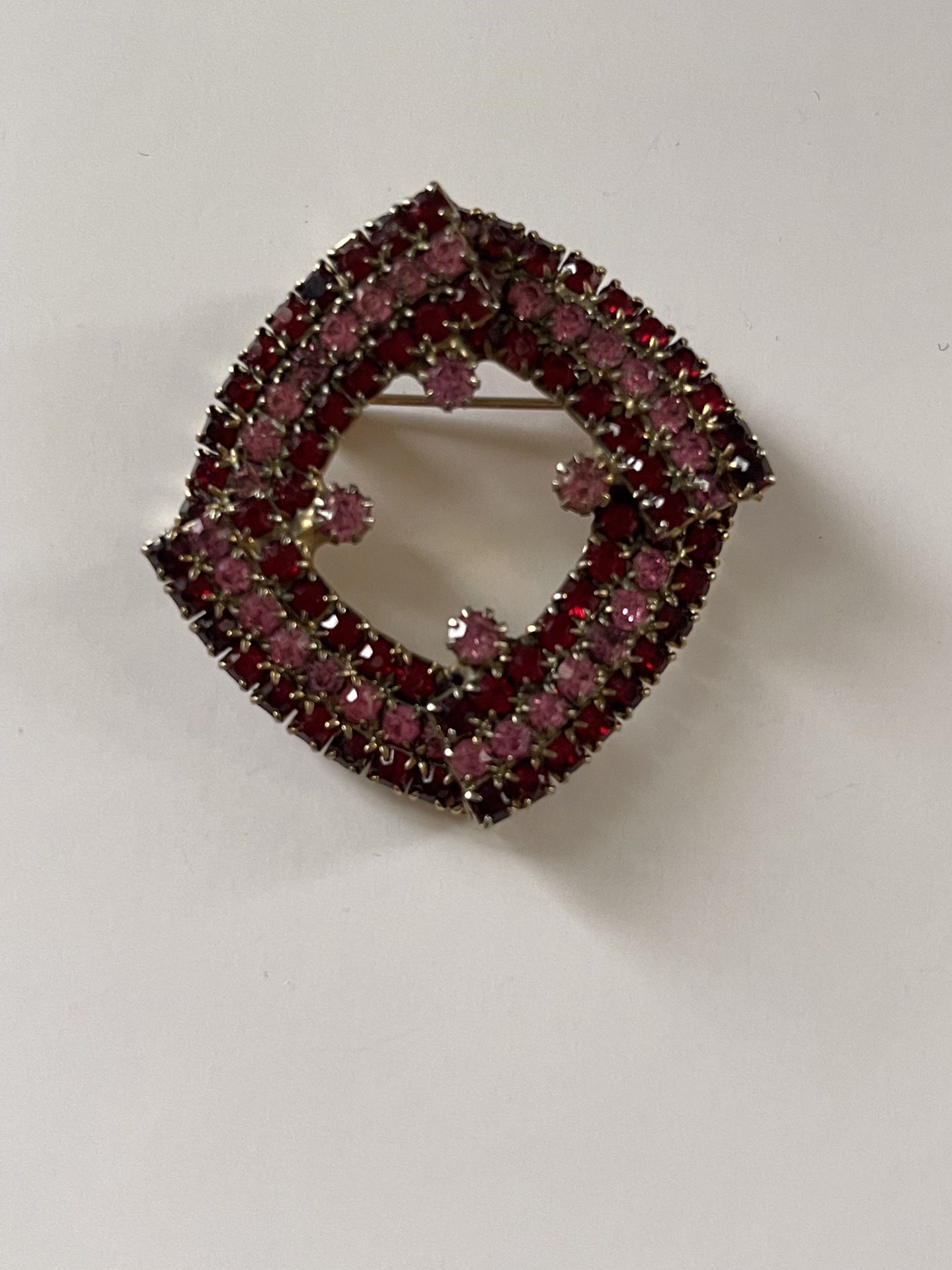 Vintage Brooch Red Pink Rhinestones Square Pin