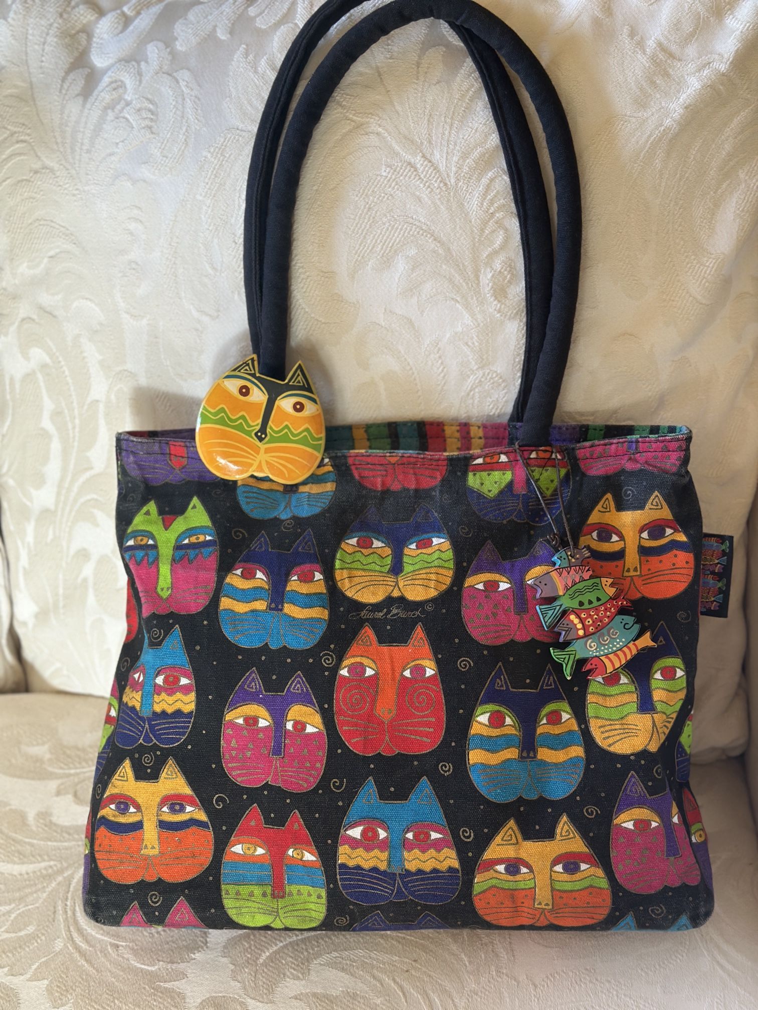 Vintage Laurel Burch Large Tote Bag Purse Cat Print Wood Details