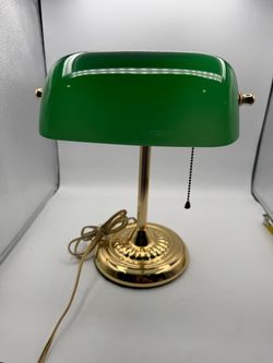 Vintage Bankers Lamp Green Glass Shade Brass Base Desk Office Light