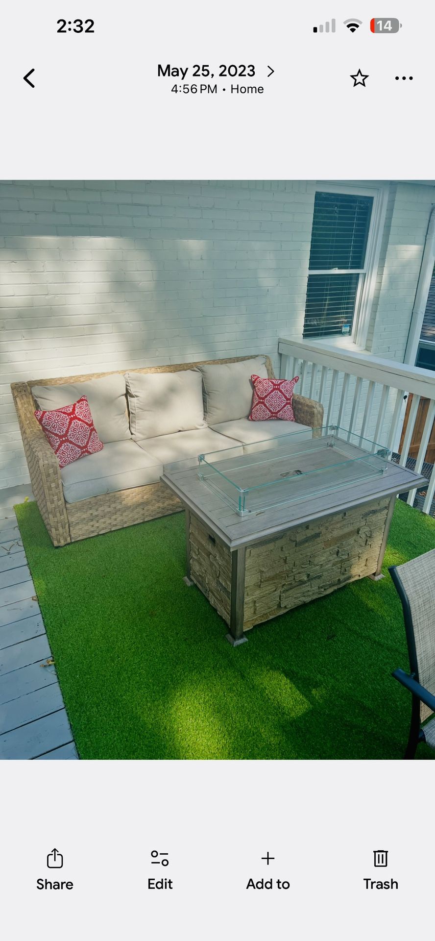 Outdoor Beige Sofa and Propane Fire Pit Table