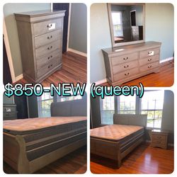 Brand-new queen-size complete bedroom set nightstand and mirror with dresser and five drawer chest with bedframe and queen size organic cotton pillow