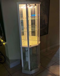 Hexagonal Glass Display Cabinet With Light & Mirrored-Back 70”H