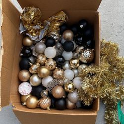 Box Full Of Christmas Gold Black White Tree Ornaments
