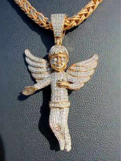 10k solid 2 tone gold 1.5CTW Natural Diamond Iced out Angel with Wings  Charm Pendant