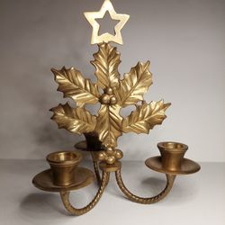 Brass Holly Candle Holder w/Star 3 Candle Stems Vintage Christmas