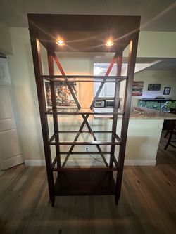 Modern Dark Wood Etagere Display Shelf with Glass Shelves and Lighting