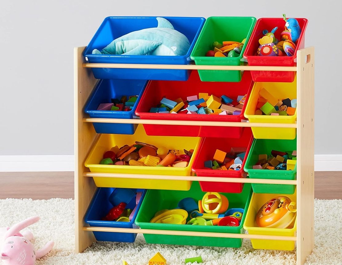Basics Kids Toy Storage Organizer With 12 Plastic Bins, Natural Wood With Bright Bins, 10.9" D x 33.6" W x 31.1" H