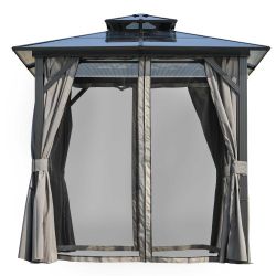 Outdoor Grill Gazebo 8 x 8FT, Hardtop BBQ Gazebo with UV-Resistant Polycarbonate Roof & Storage Hooks for Patio, Lawn, Garden