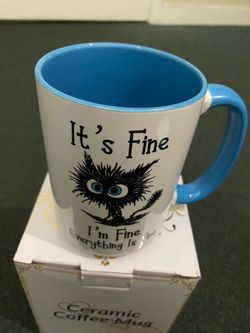 Funny Black Cat Coffee Mug – 15oz Sarcastic I am Fine Everything's Fine Cup – Big Ceramic Mug with Blue Handle – Microwave & Dishwasher Safe – Funny G