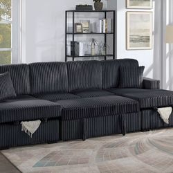 ✅️✅️3 pc Black  color✅️  corduroy fabric  sectional sofa with double storage chaise and pop up sleep area in center✅️✅️✅️