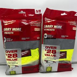 2X Milwaukee Small/Medium Yellow Class 2 High Visibility Safety Vest with 10 Pockets & Clear Safety Glasses Anti-Scratch Lenses