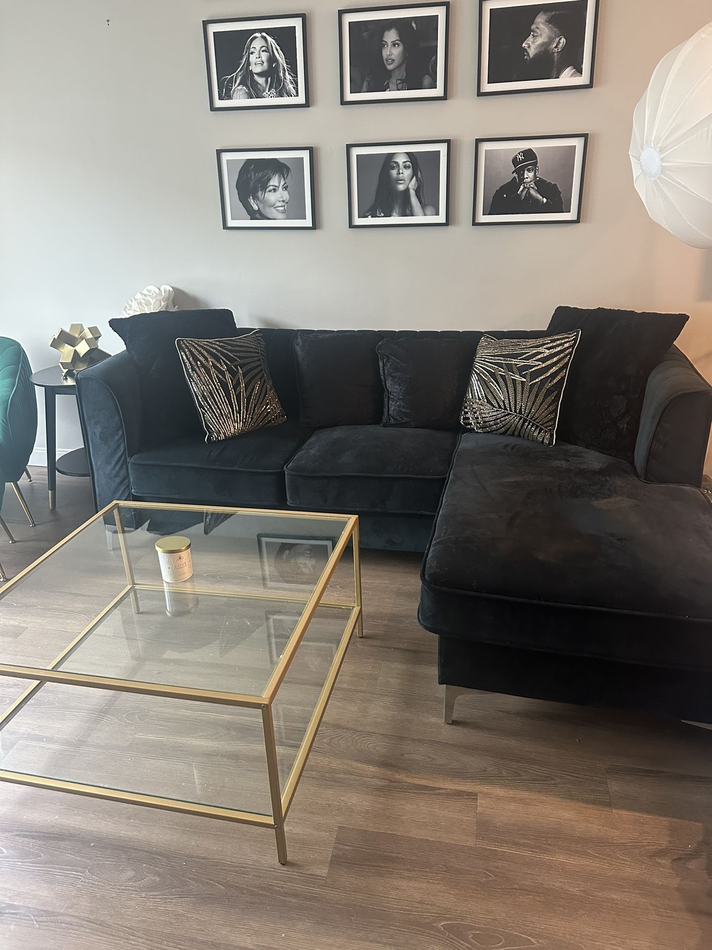 Black Shade Sectional With Gold Pillows