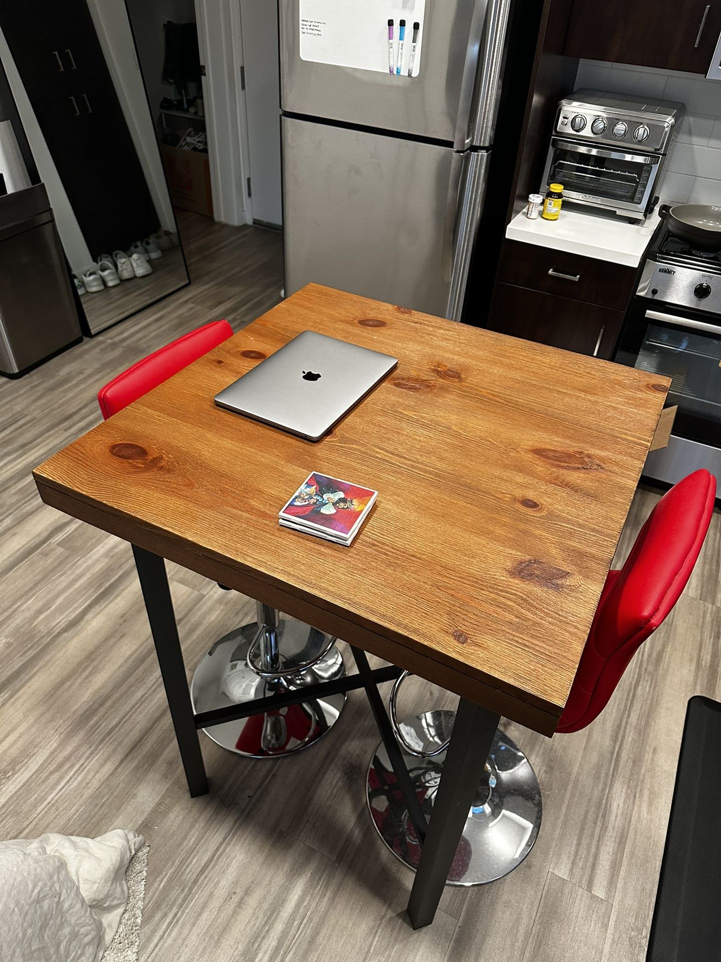 Brown High Table + 2 Red Leather Barstools ($150)