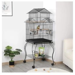 Budgie Cage 55-inch Rolling Standing Triple Roof Medium Parrot Cage Pet Bird Cage with Detachable Stand for Cockatiels Sun Parakeets Green-cheeked Con