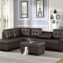 Heights Espresso Faux Leather Reversible Sectional with Storage Ottoman  ( sectional couch sofa loveseat options