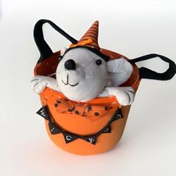 Halloween Bucket Mouse Decorative Wicked Bow Witch Hat Handle 8x8 Inches