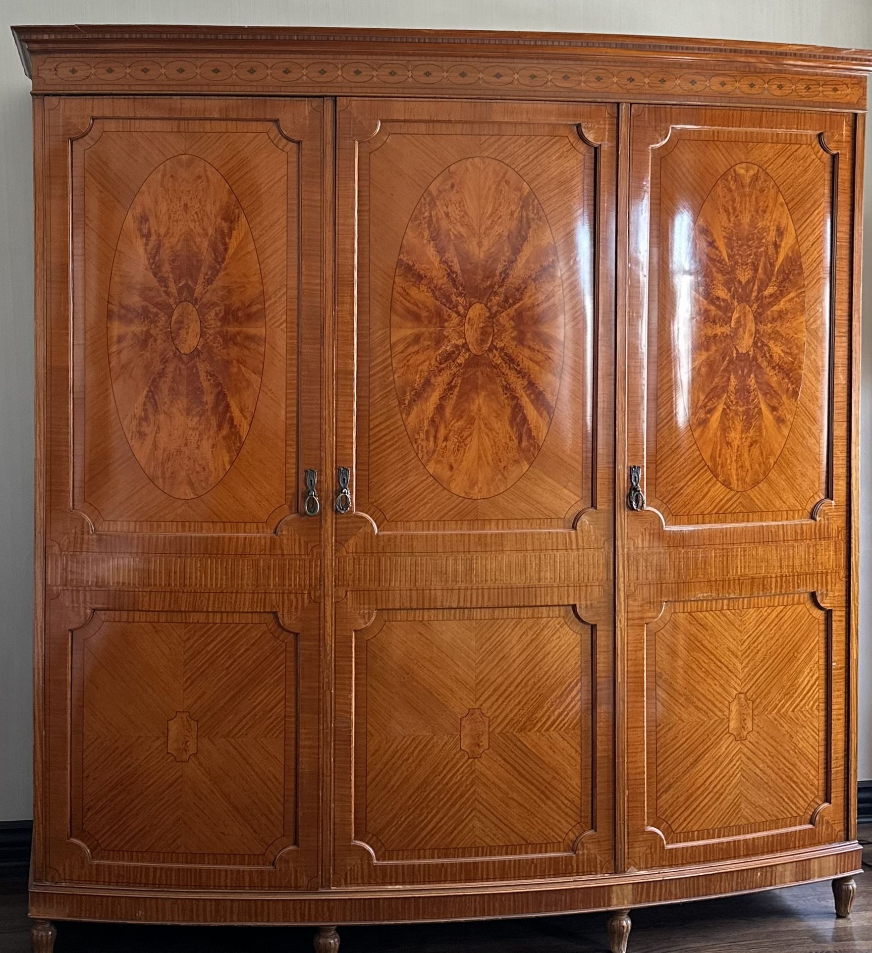 Exquisite Large Vintage Inlaid Mahogany Armoire Wardrobe  Curved Three-Piece Statement Cabinet