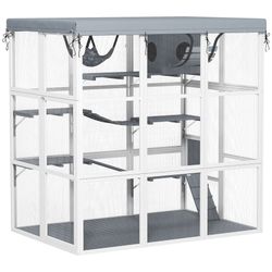PawHut Large Catio w/Hammock, Condo, Jump Platforms, Ladders, Ramps & Tarp, Gray