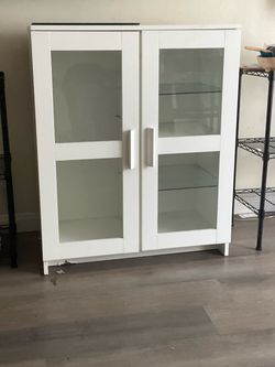 White Cabinet with Glass Doors and Shelves