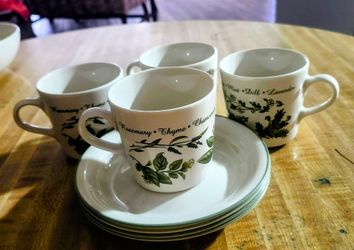 Vintage Corelle Thymeless Herbs Mugs Set of 4, Botanical Stoneware Coffee Cups, Cottage Kitchen w Saucers