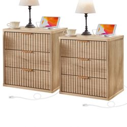 New in box 23" Wide Nightstand Set of 2 with Charging Station, Modern Night Stand with 3 Fluted Dresser & Handle Storage Farmhouse Bed Side Table for 