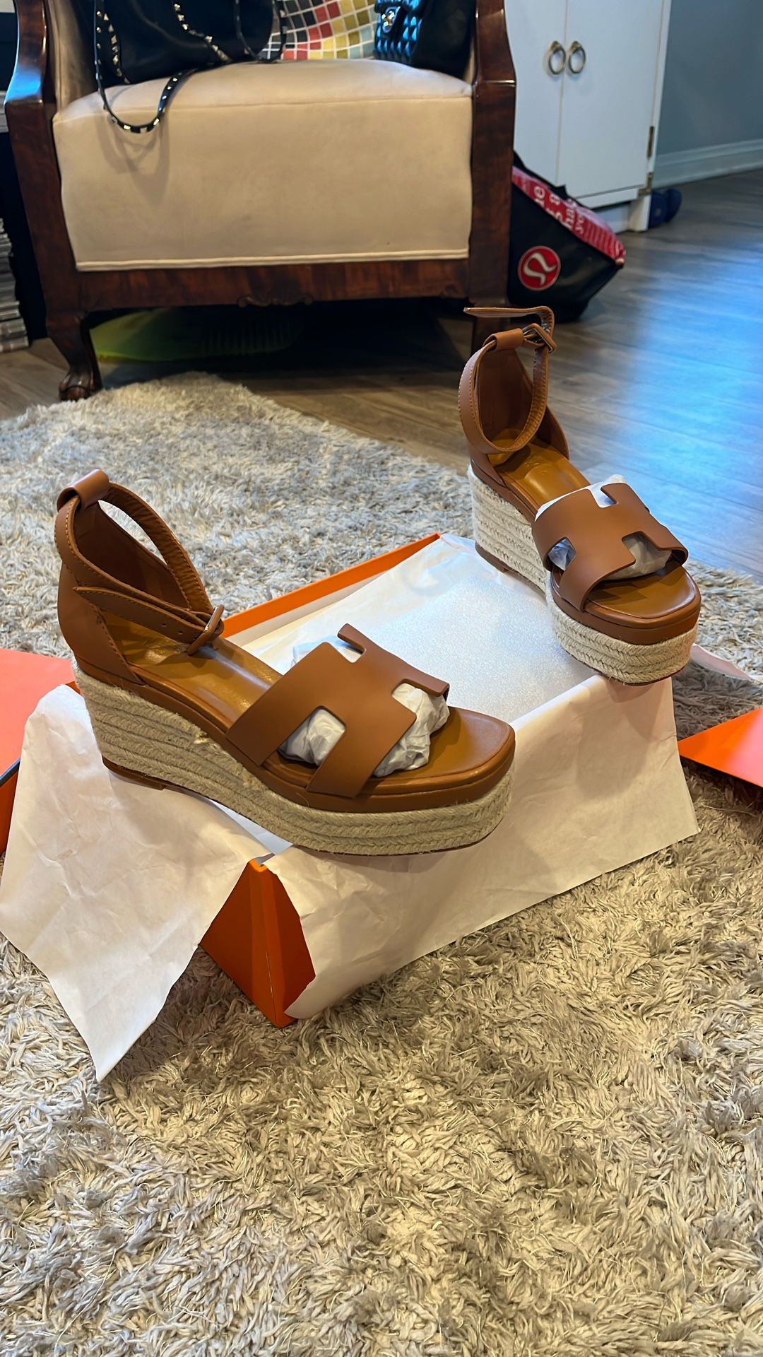 Tan H Wedge Sandals