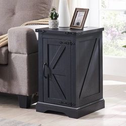 set of 2 Nightstand with Charging Station, Rectangular Farmhouse End Table with Barn Door and Adjustable Storage Shelf, 17" Deep Wood Rustic Sofa Side