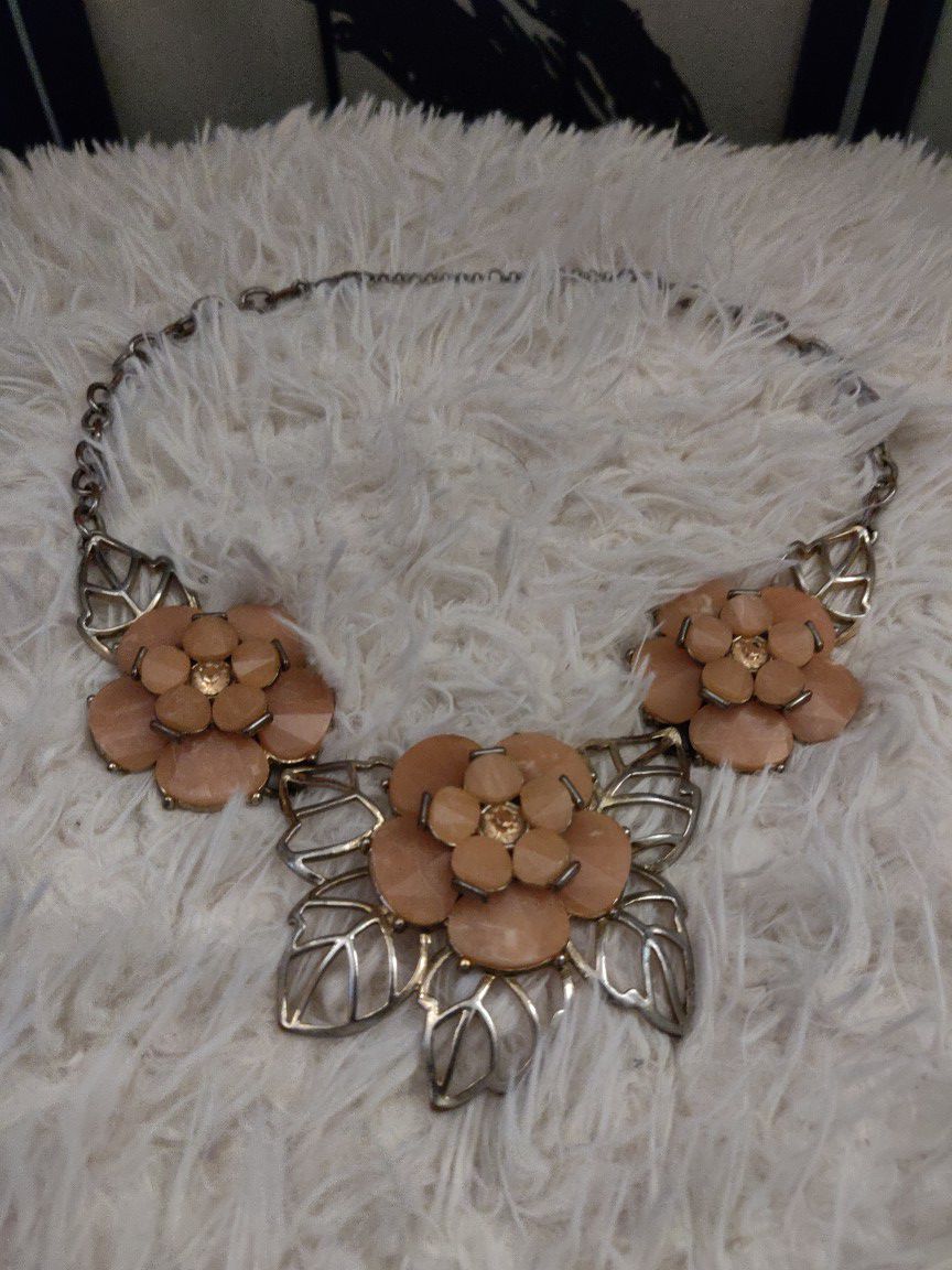 Pink Floral Gold Chain Statement Necklace