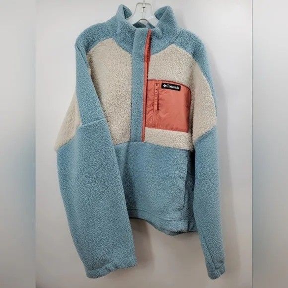 Columbia Lodge Sherpa Fleece Pullover Snap Button Color Stone Blue