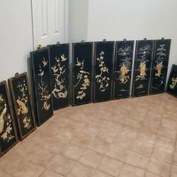 VINTAGE 11 PIECES 1960'S BLACK LACQUER AND MOTHER OF PEARL WALL HANGINGS AMAZING COLLECTION