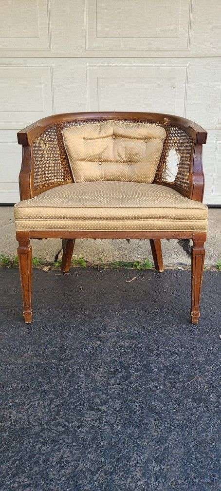 Vintage MCM Cane Back Barrel Accent Chair – Solid Wood – DIY/Restoration Ready