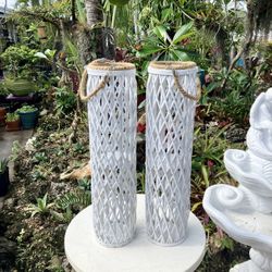 38” White Wicker Lantern, Wilford and Lee Candle Holders: 38.5"H x 7"W x 7"D- $10 Each