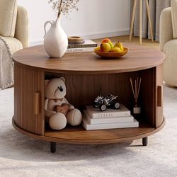 Assembled Round Coffee Table with Storage, 31.5" Modern Coffee Table with 360° Curved Sliding Door, Fluted Wood Accent Coffee Table with Adjustable Fo