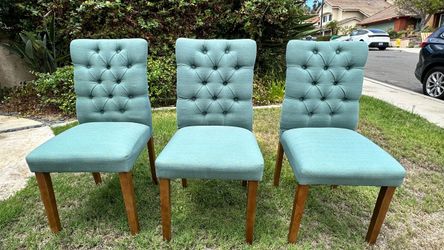 Set of 3 Teal Tufted Dining Chairs