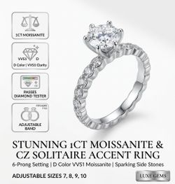 NEW Moissanite Diamond 6-Prong Engagement Ring (Adjustable Fits 7-10)
