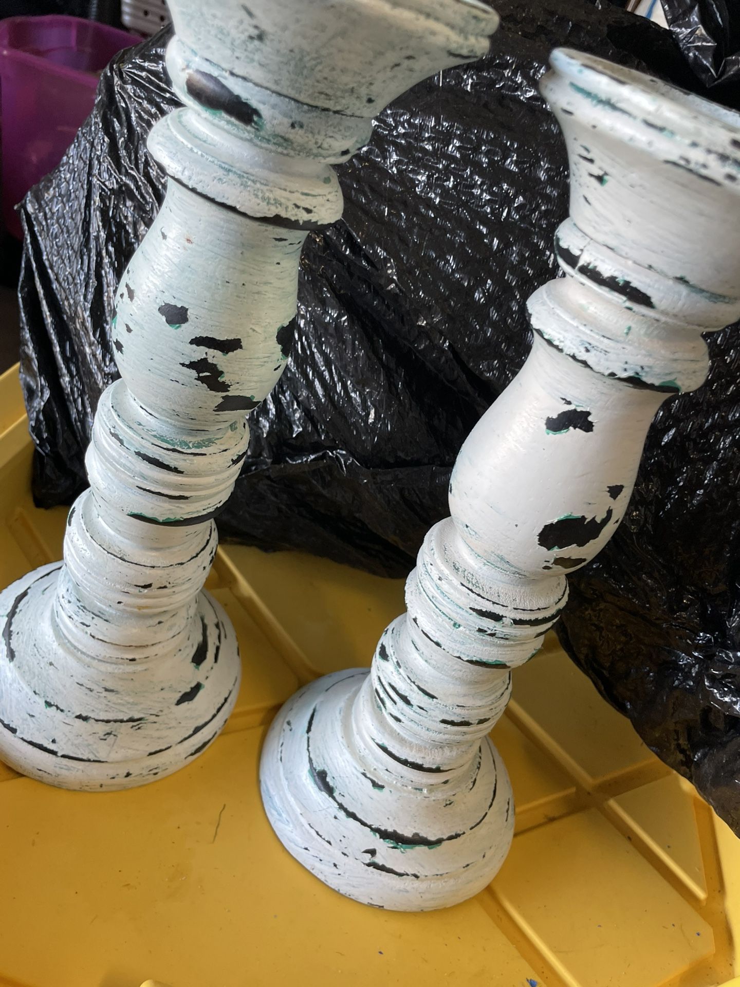 Set Of 2 Distressed Wooden Candle Holders