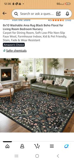 8x10 Washable Black Boho Floral Area Rug