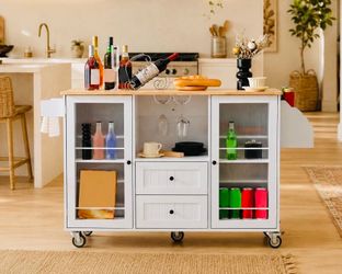 Rolling Kitchen Island Cart – White - Mobile Prep Station with Cabinet, Drawer, Rack & -Castor Wheels L-25