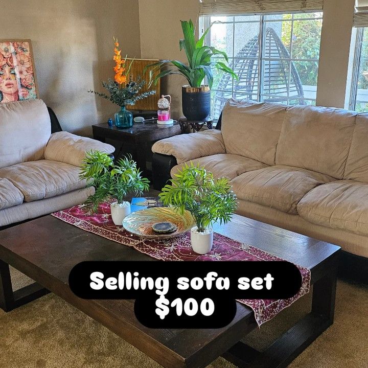 Sofa Set, Tan Microsuede And Brown Imitation Leather