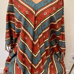 Ryan Michael Linen-Blend Poncho Rodeo Aztec Geometric Western Print L/XL Fringed