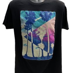 Perry Ellis Palm Tree Miami Design Tee - Men’s Graphic T-Shirt - Black - Large -
