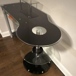 Modern Glass & Metal Computer Desk, Black, Shelves, Keyboard Tray