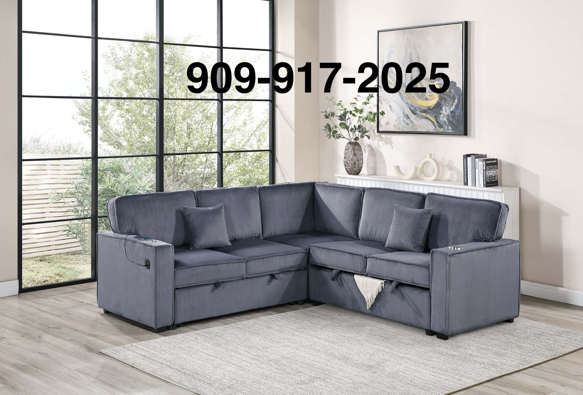 GREY CONVERTIBLE SECTIONAL WITH PULLOUT, STORAGE AND USB CONSOLE