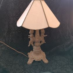 Lamp Antique Iron Base With Pink Stain Glass Shade