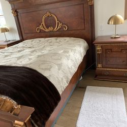 Six piece mahogany bedroom set with gold trimming mirror drawer nightstand