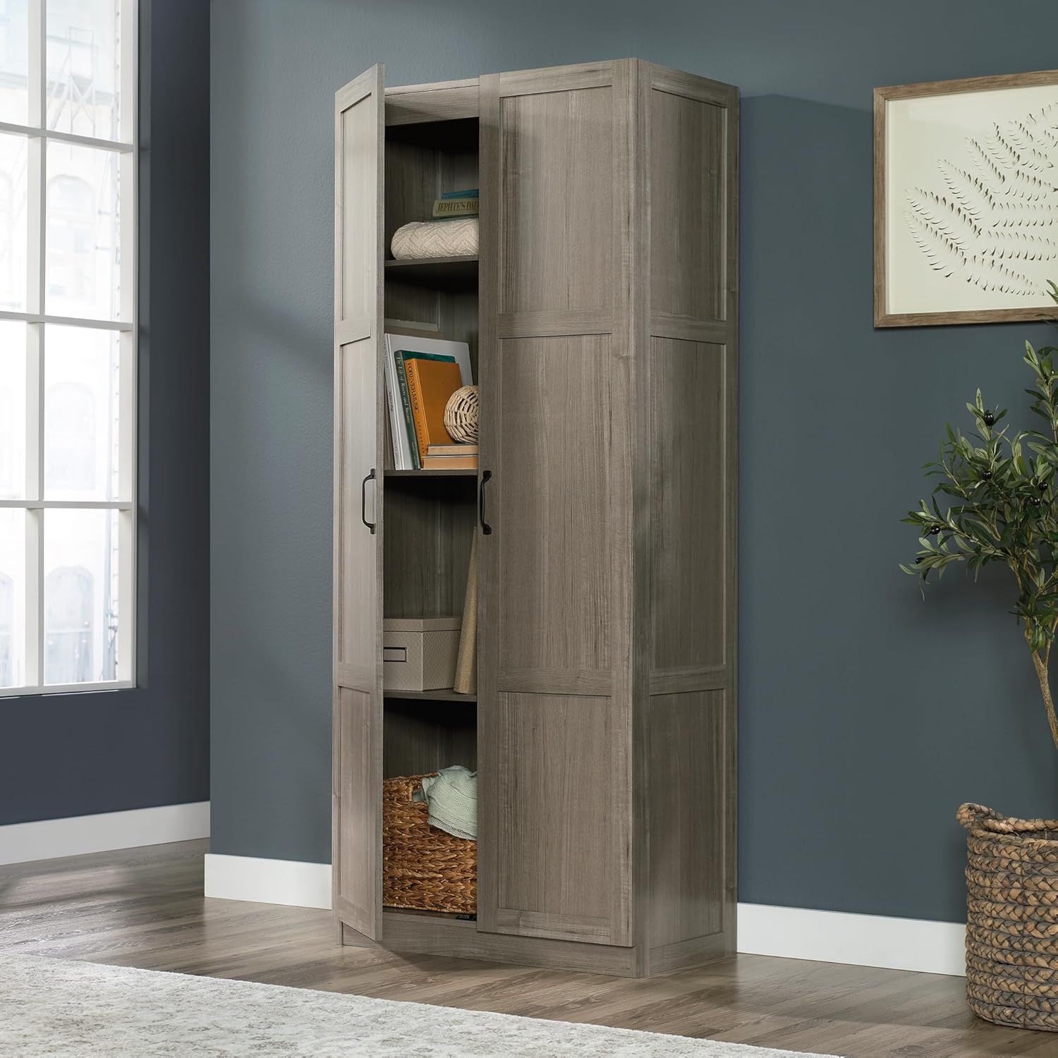 Pantry Storage Cabinet Adjustable Shelves in a Silver Sycamore Finish