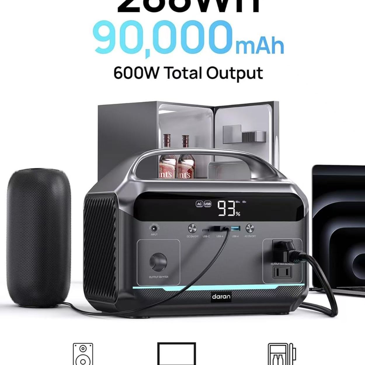 Portable Power Station 600W (1200W Peak), 288Wh (90,000mAh) LFP Battery Solar Generator, 2hrs Fast Charging, 8.86LB Power Bank with AC Outlets Come wi