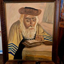 Vintage Oil Painting Depicting a Jewish Scholar Reading, Likely from the Torah. Judaica Artwork 28.5"×34.5"