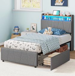 Gray Linen Twin Size Bed Frame with 2 Drawers & Charging Station